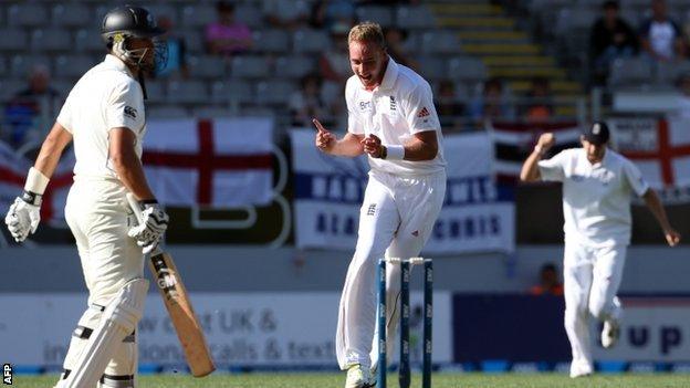 Stuart Broad celebrates dismissing Ross Taylor