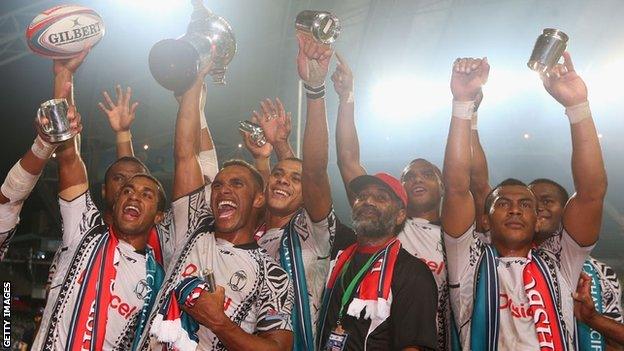 Fiji celebrate winning the Hong Kong sevens.