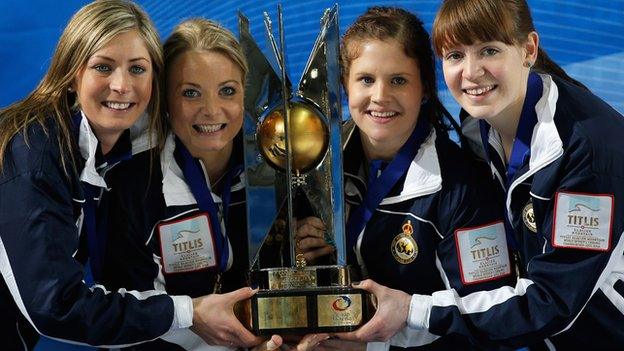 Scotland curling team with the World Championship trophy