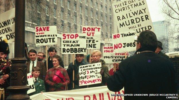 Waverley Route protesters muster prior to the three-person delegation proceeding to 10 Downing Street