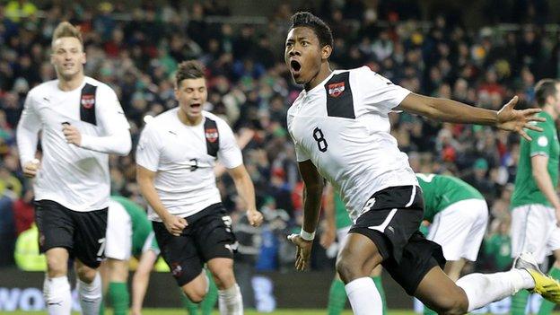 David Alaba celebrates his last-gasp equaliser which stunned the Republic at the Aviva Stadium