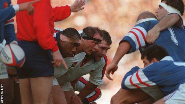 Brian Moore scrummaging for England