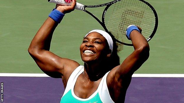 Serena Williams celebrates victory in Miami