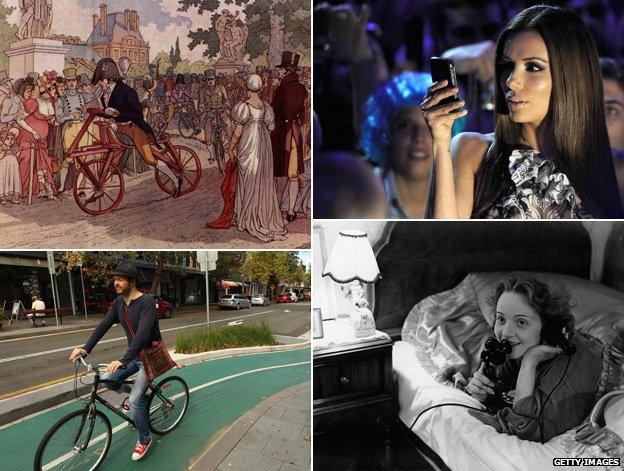 Early bicycle and modern version; Eva Longoria with smartphone and Marlene Dietrich making a call