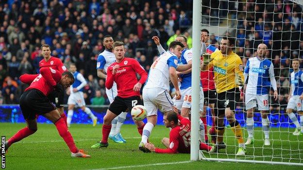 Fraizer Campbell scores Cardiff's opening goal against Blackburn Rovers on Monday