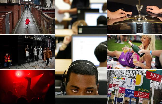 Mosaic of possible indicators, from Rolls Royce to Big Issue seller, rock music and the housing market