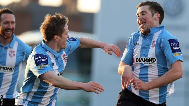 Patrick McEleney celebrates scoring the opener at Dalymount Park