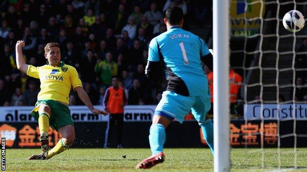 Michael Turner puts Norwich ahead against Swansea City