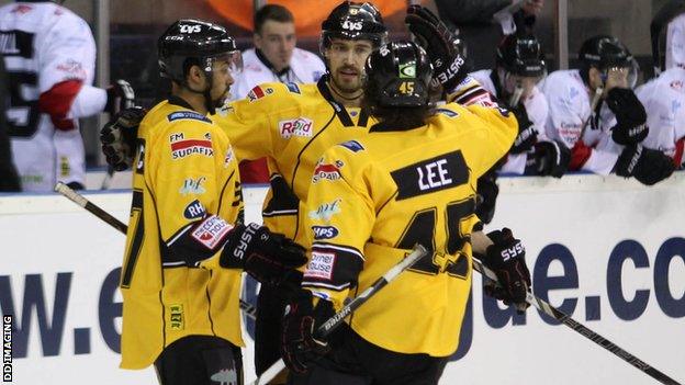 Matthew Myers (centre) celebrates his hat-trick