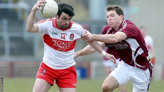 Derry's Eoin Bradley in possession against Paul John Gaffey