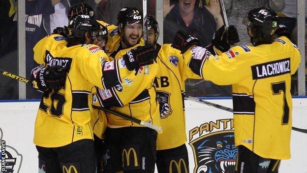 Nottingham Panthers celebrate the first goal against Belfast Giants