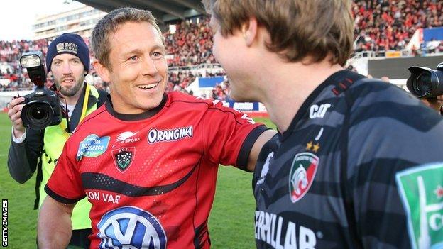 Toulon match winner Jonny Wilkinson is congratulated by former Newcastle and England team-mate Mathew Tait