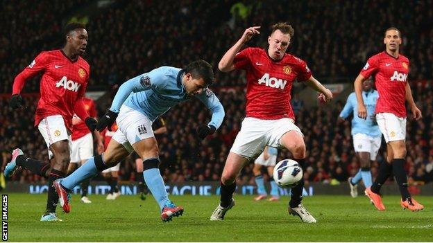 Sergio Aguero of Man City scores against Man Utd