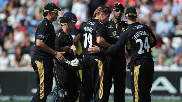 Chris Woakes celebrates taking a wicket in the 2012 CB40 final at Lord's