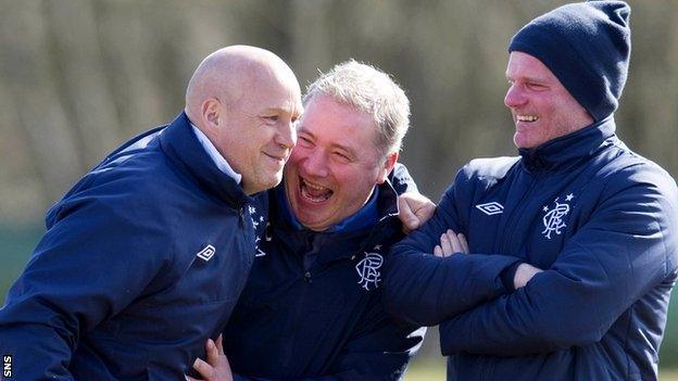 Kenny McDowall, Ally McCoist and Ian Durrant share a joke at training