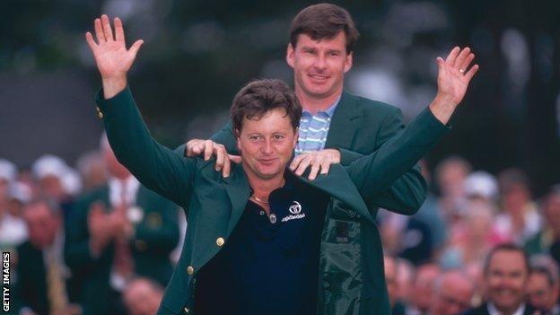 Nick Faldo presents Ian Woosnam with the Green Jacket