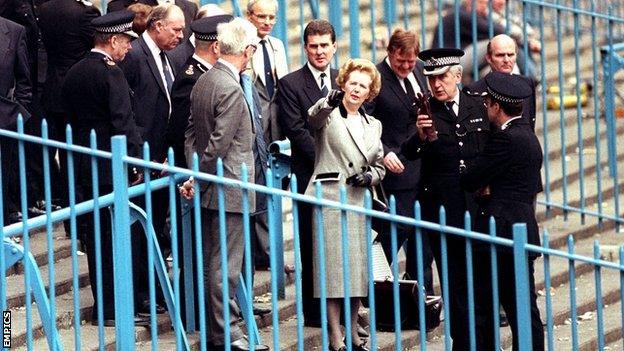 Margaret Thatcher visiting Hillsborough the day after the disaster