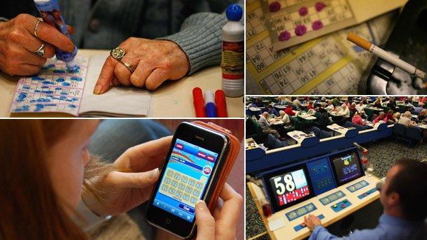 Composite image showing, clockwise from top left: a woman marking a bingo card, a cigarette in an ashtray on some bingo cards, a bingo caller and a woman playing bingo on her mobile phone