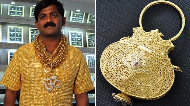 Composite image of Datta Phuge in his gold shirt and a gold handbag