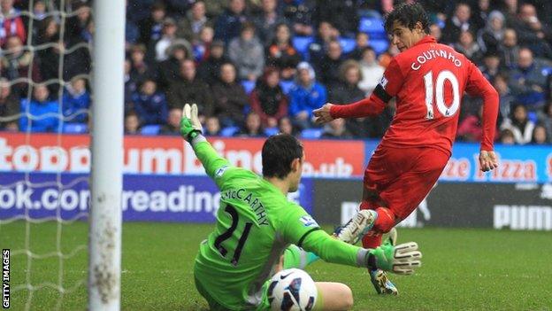 Liverpool's Philippe Coutinho Reading goalkeeper Alex McCarthy