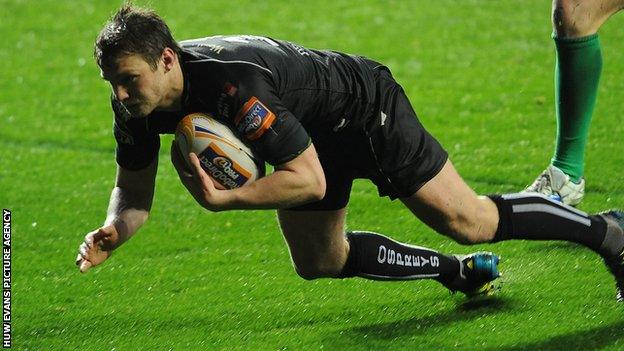 Dan Biggar scores a try for the Ospreys