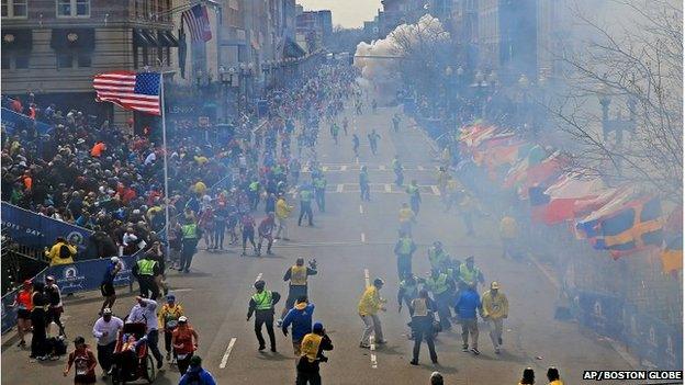 Image from the moment an explosion went off at the Boston Marathon, 15 April 2013