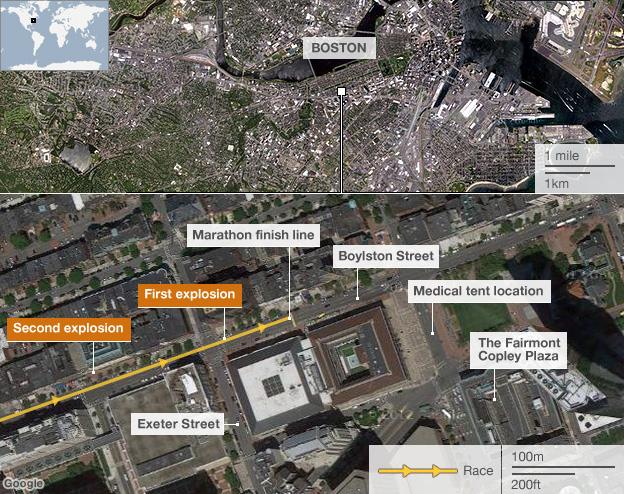 Boston blast map showing wider location