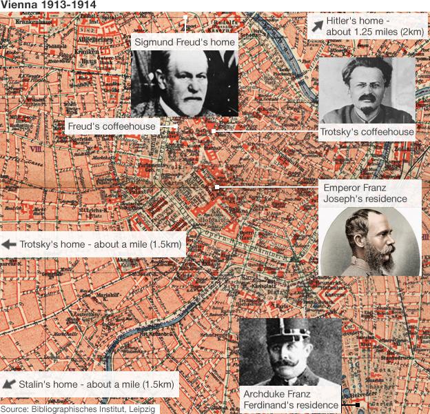 Map of central Vienna in 1913, showing homes and favourite haunts of key characters