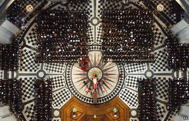 Shot of Margaret Thatcher's funeral taken from St Paul's whispering gallery