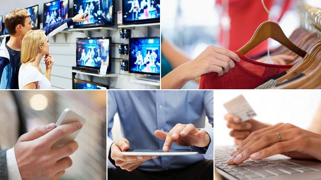 Composite: people looking at TVs in shop; trying on clothes; a smartphone, a tablet and a PC with credit card