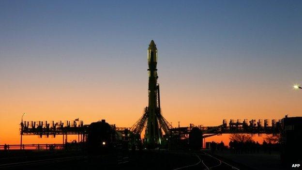 A Soyuz-2.1b carrier rocket, carrying a Bion-M satellite rises at a launch pad in the Russian leased Kazakhstan"s Baikonur cosmodrome on April 18, 2013