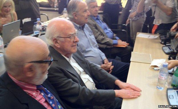 "Fathers" of the Higgs, L-R: François Englert Peter Higgs, Gerald Guralnik and Carl Hagen