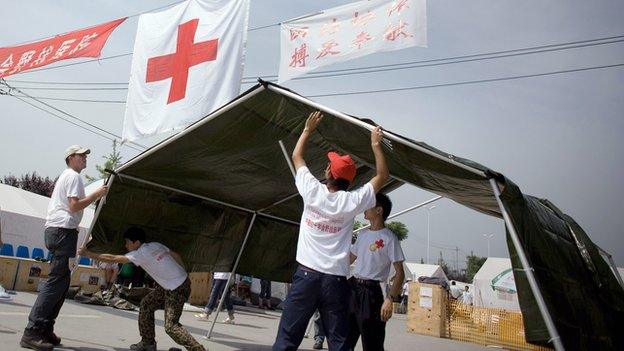 File photo: red cross workers in Sichuan, 2008