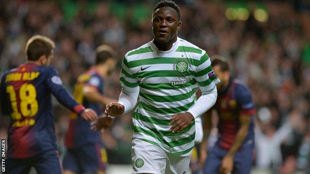 Celtic midfielder Victor Wanyama celebrates his goal against Barcelona