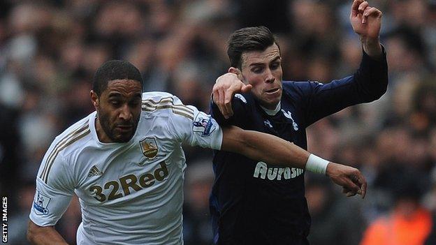 Swansea’s Ashley Williams in Premier League action against Tottenham’s Gareth Bale