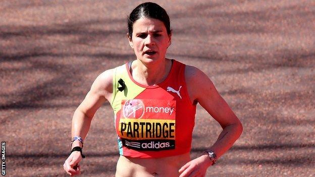 Susan Partridge crosses the finish line ninth at the London Marathon