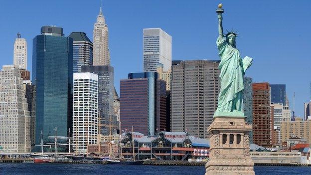 Statue of liberty in front of the Manhattan skyline