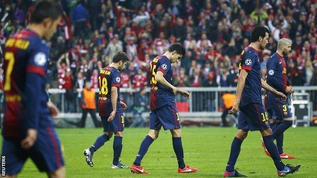 Barcelona players after their defeat by Bayern Munich