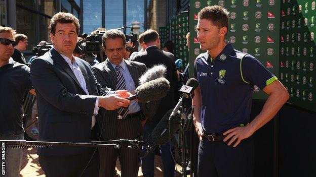 Australian cricket test captain Michael Clarke is interviewed during the 2013 Australian Ashes squad announcement