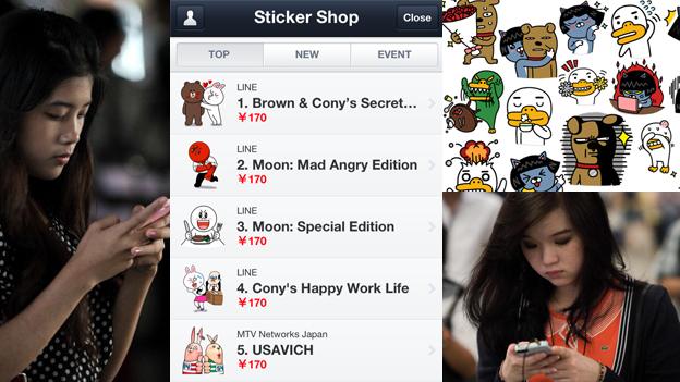 Composite image of chat app stickers and smartphone users