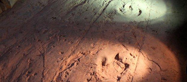 Dinosaur footprints at the Dinosaur Stampede National Monument, at Lark Quarry