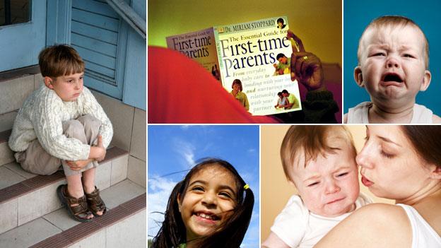 Child sitting on naughty step, man reading childcare manual, baby crying, baby crying in mother's arms, happy smiling girl