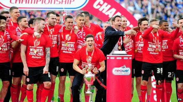 Cardiff City players lifting the trophy last month