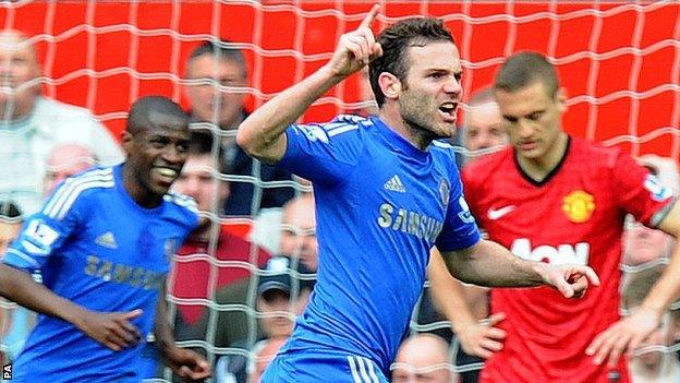 Chelsea playmaker Juan Mata celebrates after his side's goal at Manchester United