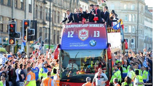 Cardiff City FC on the open-top bus parade through the centre of Cardiff