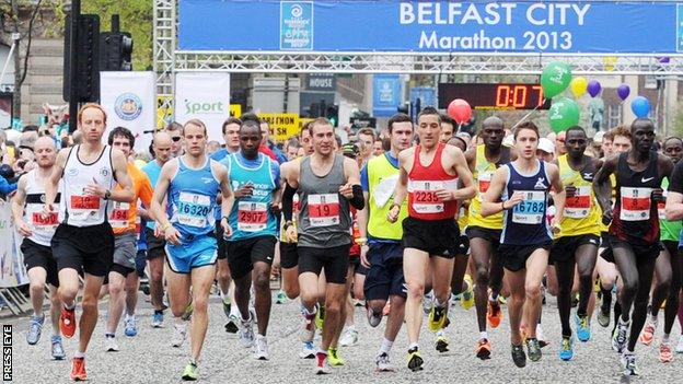 The elite runners at the start of Monday's Belfast Marathon