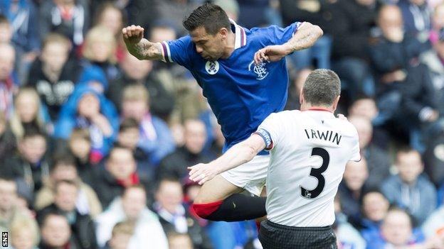 Nacho Novo is tackled by Manchester United's Denis Irwin