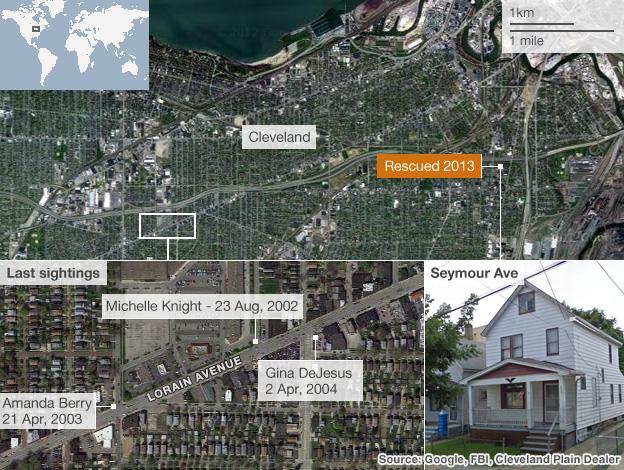 Map of Cleveland showing location of last sightings and house that the women were rescued from