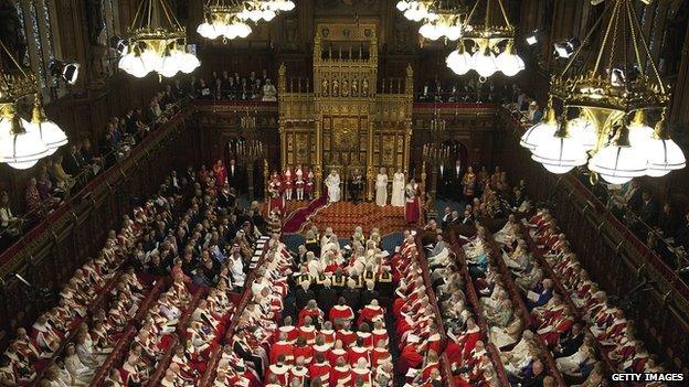 Members of both Houses of Parliament fill the Chamber of the House of Lords as the Queen delivers her speech during the state opening of parliament in 2012