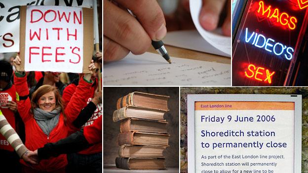 Student holding placard apparently reading "down with fee's", although it could be a slip of the brush; handwriting; sex shop advertising "video's; split infinitive in railway announcement; pile of books